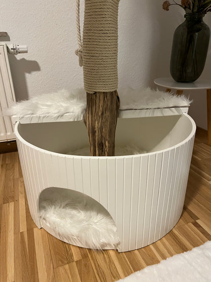 Kratzbaum Naturholz L weiß mit Bodenhöhle